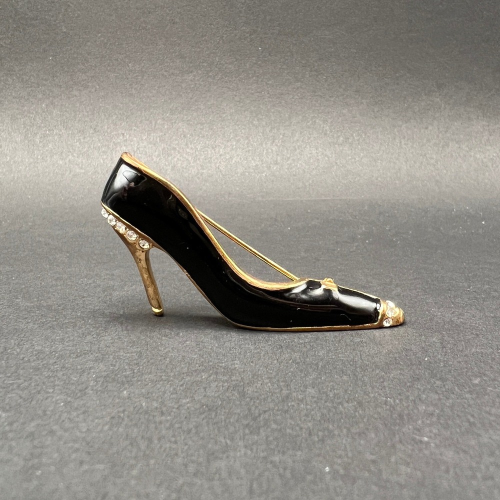 Vintage Shoe Brooch Gold Tone‎ Black Enamel High Heel Stiletto